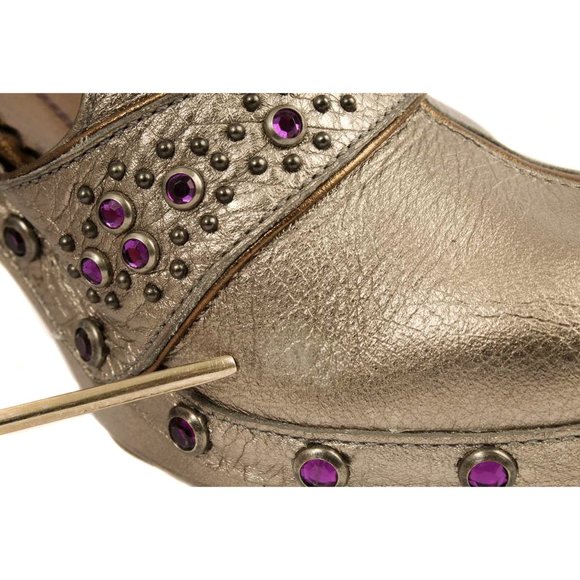 COLE HAAN G Series Metallic Pewter Leather Jeweled Accent Mule Heels - Picture 6 of 8